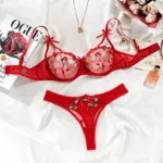 Dessous Set Stickerei Mesh Transparenter BH Tanga Schleife Rot Zweiteiler