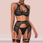 Sexy Damen Unterwäsche Set Fishnet Spitze BH Slip Strumpfband 3-teilig