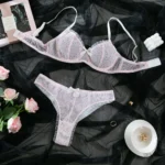 Dessous-Set sexy Spitzen-BH mit Slip Durchsichtig Mesh Rüschen Schleife 2-teilig – Bild 6