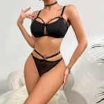 Dessous Set Reizwäsche Schwarz Netz transparent Neckholder BH Tanga Schleife – Bild 2