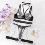 Dessous Set Stickerei Metall Kette BH Höschen Mesh Unterwäsche 5-teilig Reizwäsche – Bild 6