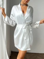 Sommer Satin Damen Nachthemd einfarbig Schnür gewand sexy bequeme Damen Pyjama Lounge wear – Bild 4