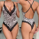 Leopardenmuster Body Spitze Patchwork V-Ausschnitt Dessous Einteiler sexy