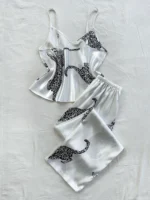 Damen Pyjama Set Leopard Muster V-Ausschnitt Hosenträger Lange Hose – Bild 4