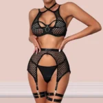 Sexy Damen Unterwäsche Set Fishnet Spitze BH Slip Strumpfband 3-teilig – Bild 3