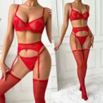 Dessous Set Rot Herz Mesh Transparent BH Höschen Strapshalter Erotik 4-teilig