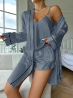 Einfaches Satin-Pyjama-Set mit langen Ärmeln, Gürtel, Robe, V-Ausschnitt, Cami-Top und Shorts, Damen-Nachtwäsche – Bild 5