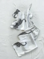 Damen Pyjama Set Leopard Muster V-Ausschnitt Hosenträger Lange Hose – Bild 3