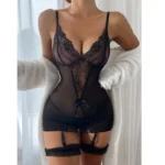 Spitzen Strumpfgürtel Kleid Dessous Set Nachthemd Beinring Tanga Babydoll Unterwäsche – Bild 5