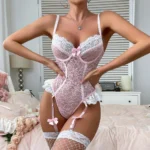 Damen Spitze Dessous Set 2-teilig mit Netzstrümpfen Baby Doll Lingerie – Bild 2