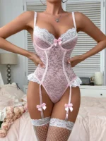Damen Spitze Dessous Set 2-teilig mit Netzstrümpfen Baby Doll Lingerie – Bild 3