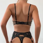 Schwarzes Spitzen Dessous Set 3-teilig mit Strumpfhalter transparent Spitze – Bild 5