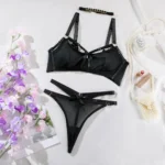 Dessous Set Reizwäsche Schwarz Netz transparent Neckholder BH Tanga Schleife – Bild 6