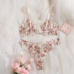 Damen Blumenstickerei Spitzen Unterwäsche Set 2-tlg transparent BH Slip – Bild 2