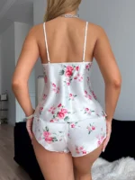 Damen Pyjama Set Spitze V-Ausschnitt Neckholder Shorts bedruckt 2-teilig – Bild 2