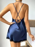 Damen-Pyjama aus Satin, V-Ausschnitt, Spitze, Patchwork, einfarbig, sexy, rückenfrei, Neckholder-Nachthemd – Bild 6