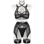 Sexy Damen Unterwäsche Set Fishnet Spitze BH Slip Strumpfband 3-teilig – Bild 5