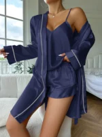 Einfaches Satin-Pyjama-Set mit langen Ärmeln, Gürtel, Robe, V-Ausschnitt, Cami-Top und Shorts, Damen-Nachtwäsche – Bild 3
