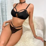 Dessous Set Reizwäsche Schwarz Netz transparent Neckholder BH Tanga Schleife – Bild 5