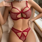 Weinrotes Dessous Set Netzstoff Push-Up-BH Tanga Hohe Taille MESH Lingerie – Bild 2