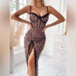 Leopardenmuster Dessous Set Spitzen-Nachthemd Netzstoff durchsichtig Tanga erotisch – Bild 2