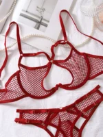 Weinrotes Dessous Set Netzstoff Push-Up-BH Tanga Hohe Taille MESH Lingerie – Bild 5