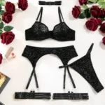 Damen Unterwäsche Set Leopardenmuster BH Slip Strapshalter Strümpfe Reizwäsche – Bild 6