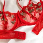 Dessous Set Stickerei Mesh Transparenter BH Tanga Schleife Rot Zweiteiler – Bild 3