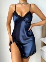 Damen-Pyjama aus Satin, V-Ausschnitt, Spitze, Patchwork, einfarbig, sexy, rückenfrei, Neckholder-Nachthemd – Bild 4