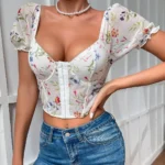 Blumiges Korsett Top mit Stickerei V-Ausschnitt Ärmellose Weste Damen Sommer