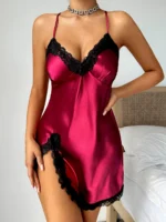 Damen-Pyjama aus Satin, V-Ausschnitt, Spitze, Patchwork, einfarbig, sexy, rückenfrei, Neckholder-Nachthemd – Bild 2