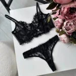 Damen Spitzen-BH Bustier mit Slip sexy Unterwäsche-Set durchsichtig Lace – Bild 6