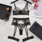 Krasapt Sexy Black Flower Lace Embroidery Lingerie 4 Pcs Sets Fancy Mesh Transparent Metal Buckle Bra And Thong Garter Suits – Bild 5