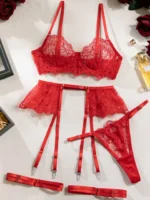 Spitze Dessous Set mit Strumpfband Schwarz Erotische Reizwäsche Büstenhalter Höschen – Bild 6