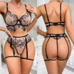 Luxus Spitzen Lingerie Set mit Strumpfhalter BH Slip 4-teilig transparent