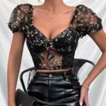 Bluse mit Puffärmeln V-Ausschnitt kurzärmlig floral Patchwork Mesh Sommer – Bild 4