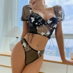 Schmetterling Stickerei Dessous Set Mesh Korsett Tanga Puffärmel Schwarz Damen Wäsche