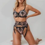 Spitzen Dessous Set BH Slip Strumpfhalter 3-teilig transparent Damen Unterwäsche – Bild 3