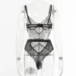 Spitzen Bodysuit Damen V-Ausschnitt Spaghettiträger transparent floral Stickerei – Bild 6