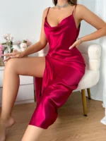 Slip-Kleid, dünnes, atmungsaktives Seidenimitat, sexy Pyjama mit Leopardenmuster, rückenfreies, offenes Slip-Nachthemd für Damen – Bild 5